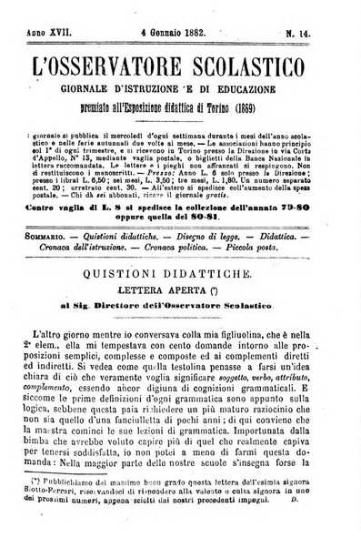 L'osservatore scolastico Giornale d'istruzione e d'educazione premiato all'Esposizione Didattica di Torino (1869)