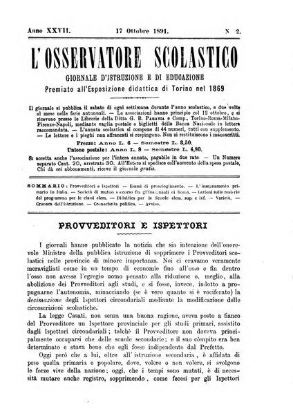 L'osservatore scolastico Giornale d'istruzione e d'educazione premiato all'Esposizione Didattica di Torino (1869)