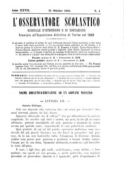 L'osservatore scolastico Giornale d'istruzione e d'educazione premiato all'Esposizione Didattica di Torino (1869)