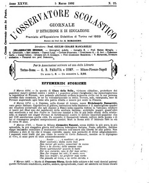 L'osservatore scolastico Giornale d'istruzione e d'educazione premiato all'Esposizione Didattica di Torino (1869)