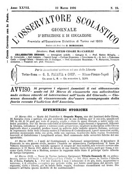 L'osservatore scolastico Giornale d'istruzione e d'educazione premiato all'Esposizione Didattica di Torino (1869)