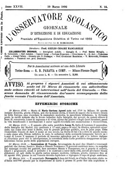 L'osservatore scolastico Giornale d'istruzione e d'educazione premiato all'Esposizione Didattica di Torino (1869)