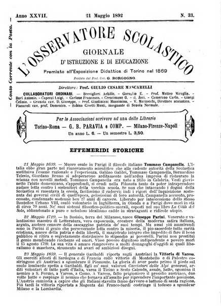 L'osservatore scolastico Giornale d'istruzione e d'educazione premiato all'Esposizione Didattica di Torino (1869)