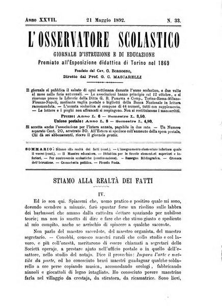 L'osservatore scolastico Giornale d'istruzione e d'educazione premiato all'Esposizione Didattica di Torino (1869)