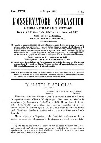 L'osservatore scolastico Giornale d'istruzione e d'educazione premiato all'Esposizione Didattica di Torino (1869)