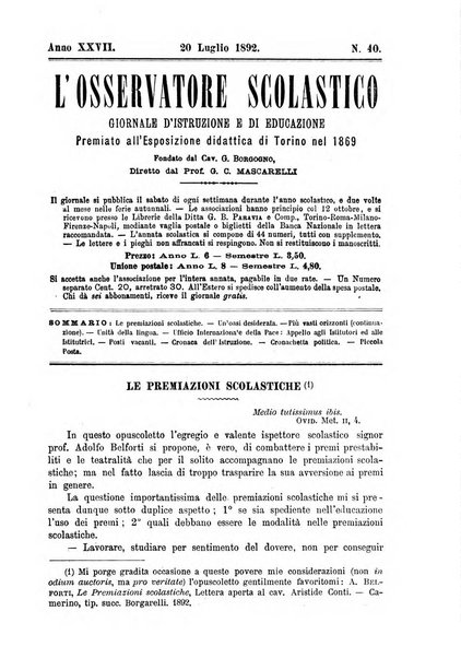 L'osservatore scolastico Giornale d'istruzione e d'educazione premiato all'Esposizione Didattica di Torino (1869)