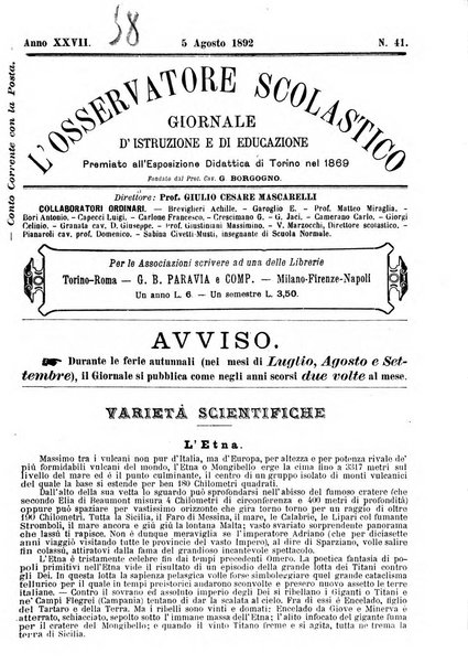 L'osservatore scolastico Giornale d'istruzione e d'educazione premiato all'Esposizione Didattica di Torino (1869)