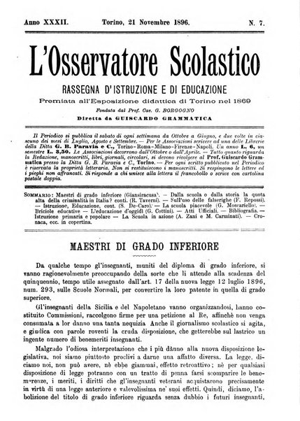 L'osservatore scolastico Giornale d'istruzione e d'educazione premiato all'Esposizione Didattica di Torino (1869)