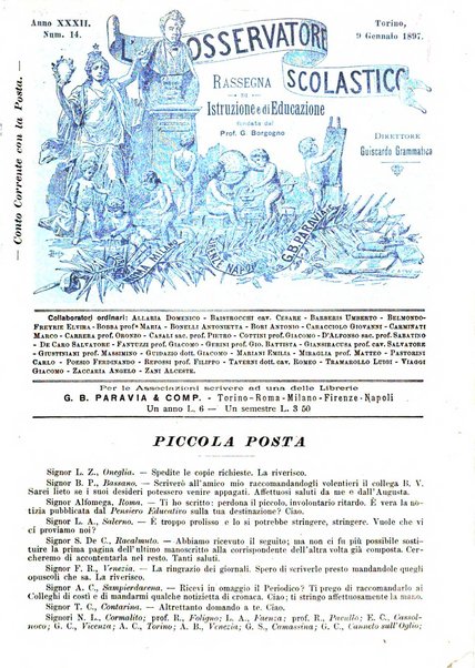 L'osservatore scolastico Giornale d'istruzione e d'educazione premiato all'Esposizione Didattica di Torino (1869)