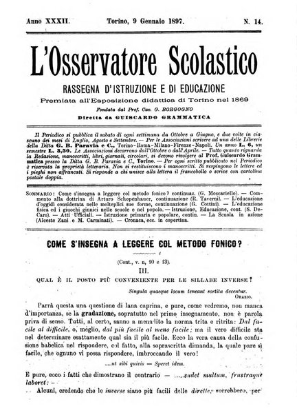 L'osservatore scolastico Giornale d'istruzione e d'educazione premiato all'Esposizione Didattica di Torino (1869)