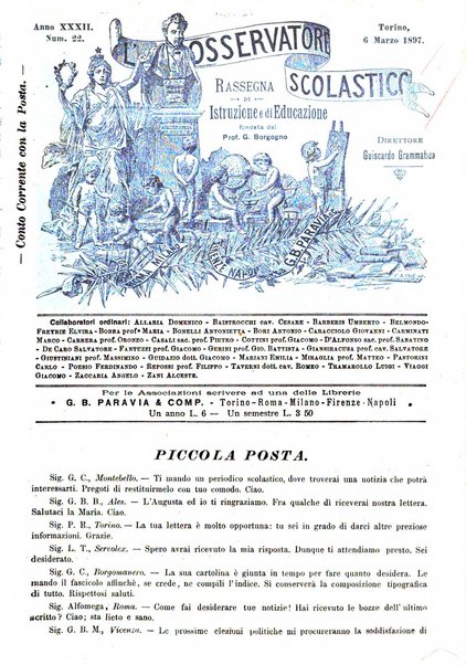 L'osservatore scolastico Giornale d'istruzione e d'educazione premiato all'Esposizione Didattica di Torino (1869)