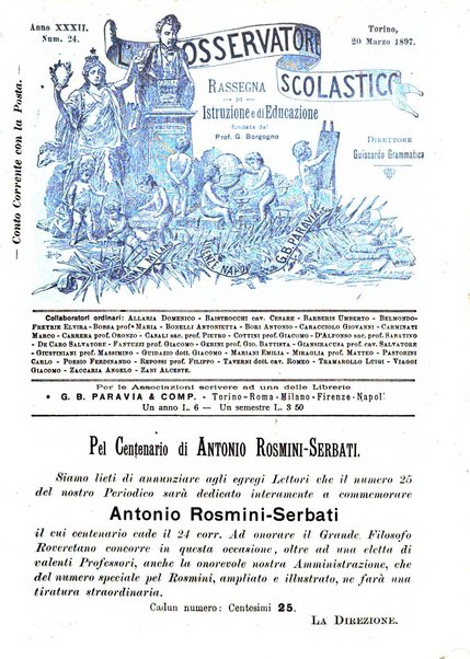 L'osservatore scolastico Giornale d'istruzione e d'educazione premiato all'Esposizione Didattica di Torino (1869)