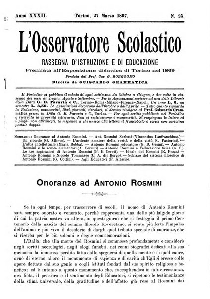 L'osservatore scolastico Giornale d'istruzione e d'educazione premiato all'Esposizione Didattica di Torino (1869)