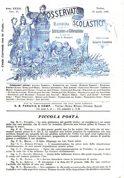 L'osservatore scolastico Giornale d'istruzione e d'educazione premiato all'Esposizione Didattica di Torino (1869)