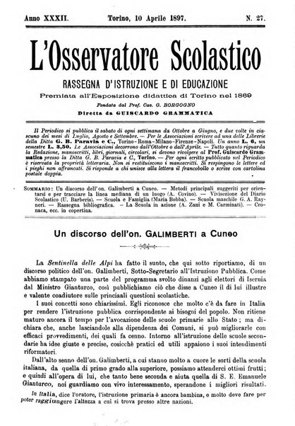 L'osservatore scolastico Giornale d'istruzione e d'educazione premiato all'Esposizione Didattica di Torino (1869)