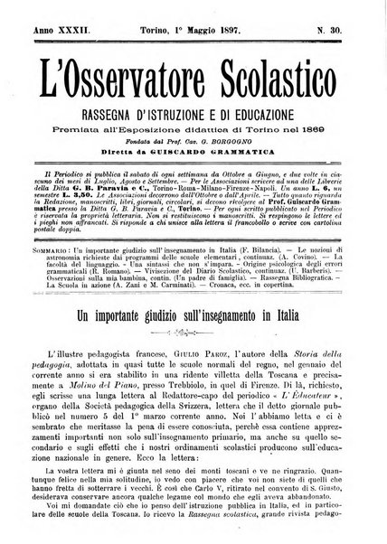 L'osservatore scolastico Giornale d'istruzione e d'educazione premiato all'Esposizione Didattica di Torino (1869)