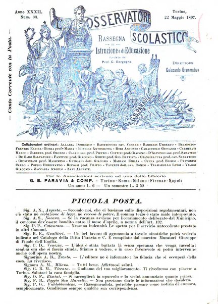 L'osservatore scolastico Giornale d'istruzione e d'educazione premiato all'Esposizione Didattica di Torino (1869)