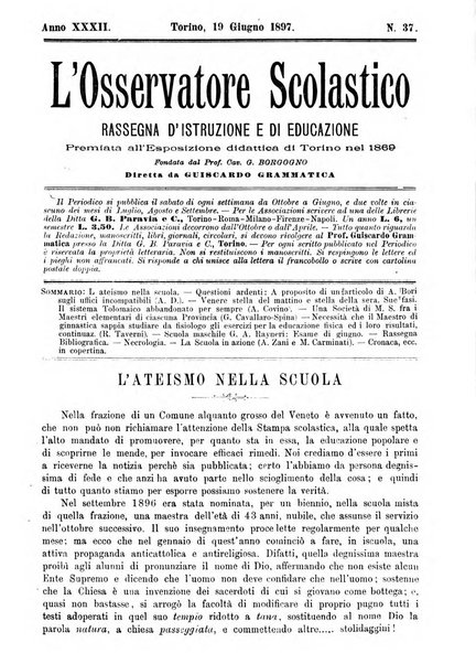 L'osservatore scolastico Giornale d'istruzione e d'educazione premiato all'Esposizione Didattica di Torino (1869)