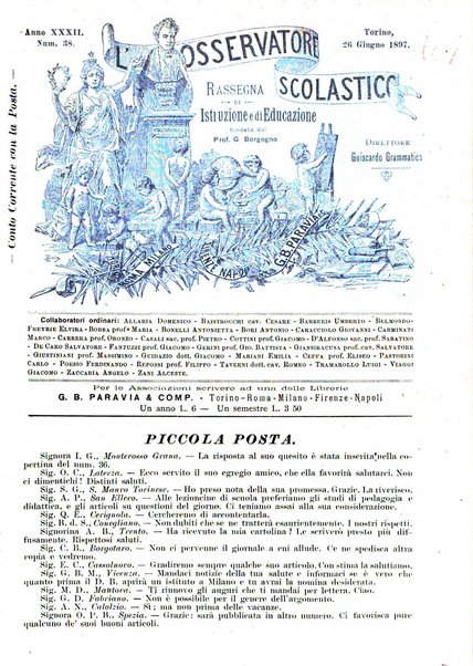 L'osservatore scolastico Giornale d'istruzione e d'educazione premiato all'Esposizione Didattica di Torino (1869)