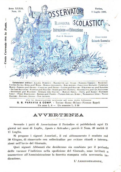 L'osservatore scolastico Giornale d'istruzione e d'educazione premiato all'Esposizione Didattica di Torino (1869)