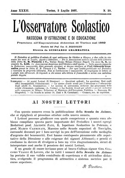 L'osservatore scolastico Giornale d'istruzione e d'educazione premiato all'Esposizione Didattica di Torino (1869)