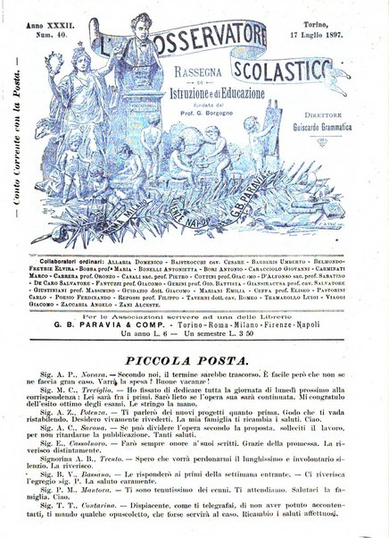 L'osservatore scolastico Giornale d'istruzione e d'educazione premiato all'Esposizione Didattica di Torino (1869)