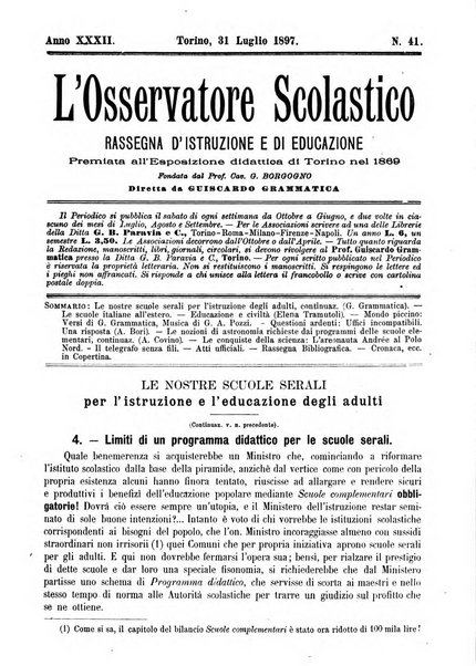 L'osservatore scolastico Giornale d'istruzione e d'educazione premiato all'Esposizione Didattica di Torino (1869)