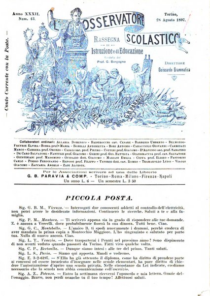 L'osservatore scolastico Giornale d'istruzione e d'educazione premiato all'Esposizione Didattica di Torino (1869)