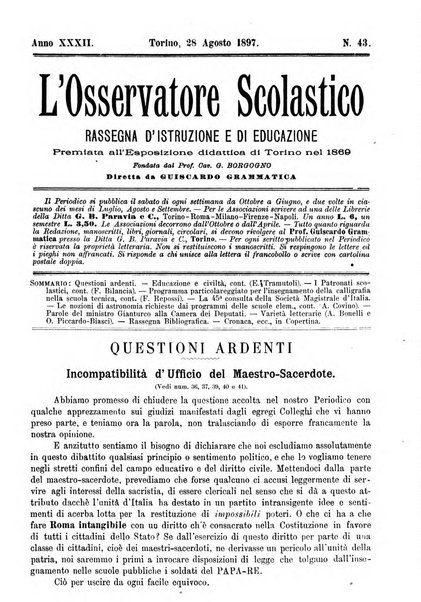 L'osservatore scolastico Giornale d'istruzione e d'educazione premiato all'Esposizione Didattica di Torino (1869)