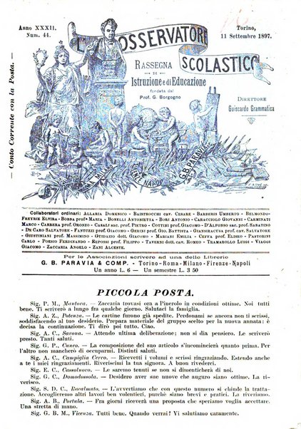 L'osservatore scolastico Giornale d'istruzione e d'educazione premiato all'Esposizione Didattica di Torino (1869)