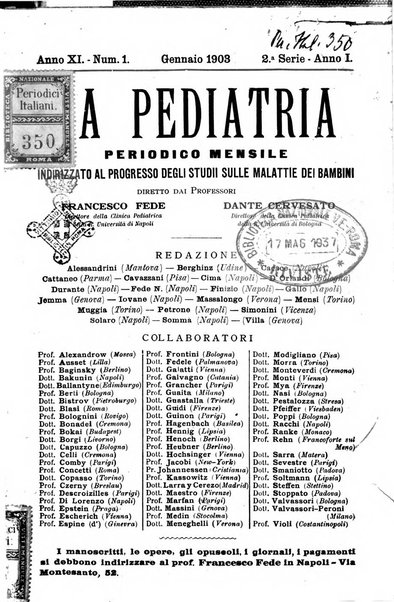 La pediatria periodico mensile indirizzato al progresso degli studi sulle malattie dei bambini