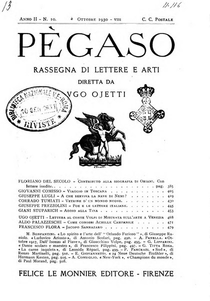 Pegaso rassegna di lettere e arti