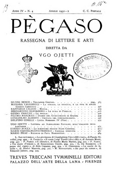 Pegaso rassegna di lettere e arti