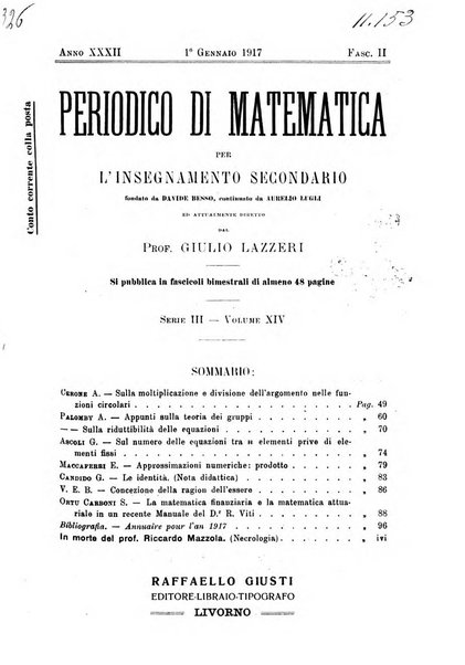 Periodico di matematica per l'insegnamento secondario