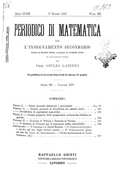 Periodico di matematica per l'insegnamento secondario