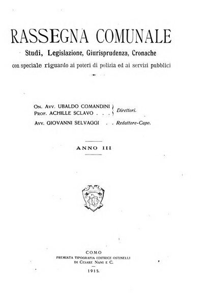 Rassegna comunale studi, legislazione, giurisprudenza, cronache con speciale riguardo ai poteri doi polizia ed ai servizi pubblici