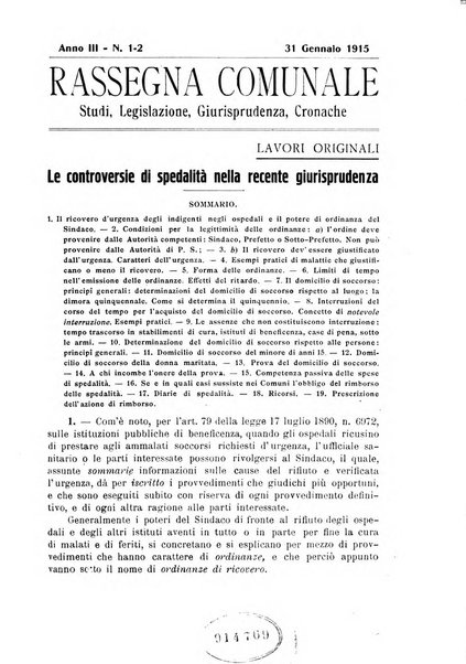 Rassegna comunale studi, legislazione, giurisprudenza, cronache con speciale riguardo ai poteri doi polizia ed ai servizi pubblici