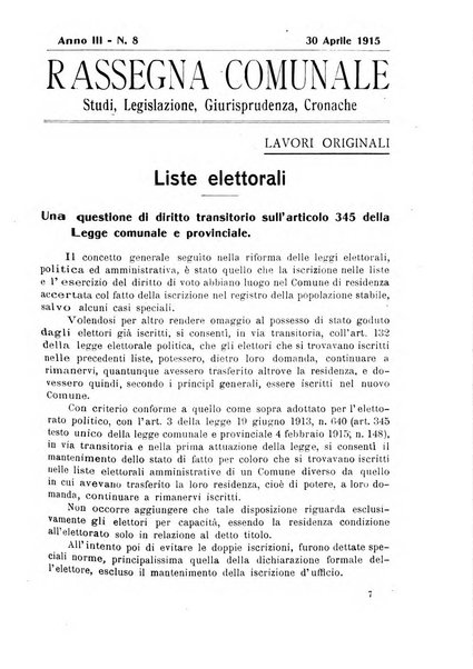 Rassegna comunale studi, legislazione, giurisprudenza, cronache con speciale riguardo ai poteri doi polizia ed ai servizi pubblici