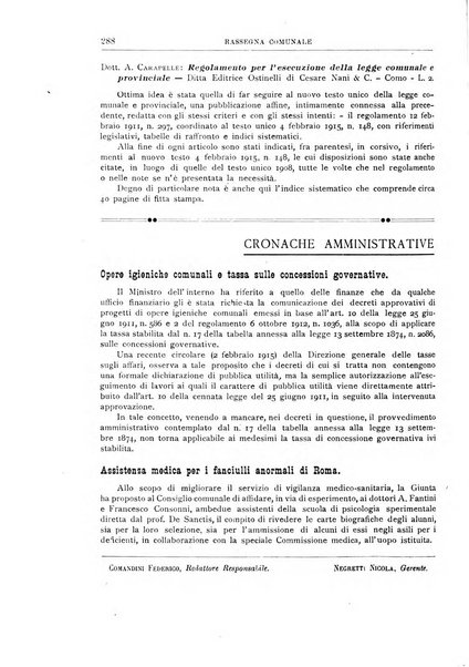 Rassegna comunale studi, legislazione, giurisprudenza, cronache con speciale riguardo ai poteri doi polizia ed ai servizi pubblici