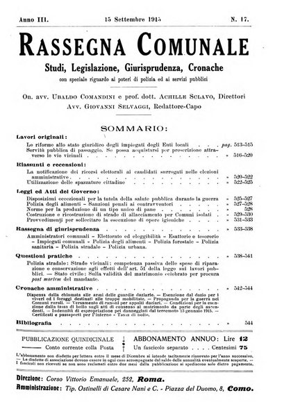 Rassegna comunale studi, legislazione, giurisprudenza, cronache con speciale riguardo ai poteri doi polizia ed ai servizi pubblici