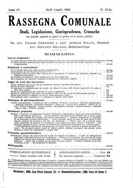 Rassegna comunale studi, legislazione, giurisprudenza, cronache con speciale riguardo ai poteri doi polizia ed ai servizi pubblici