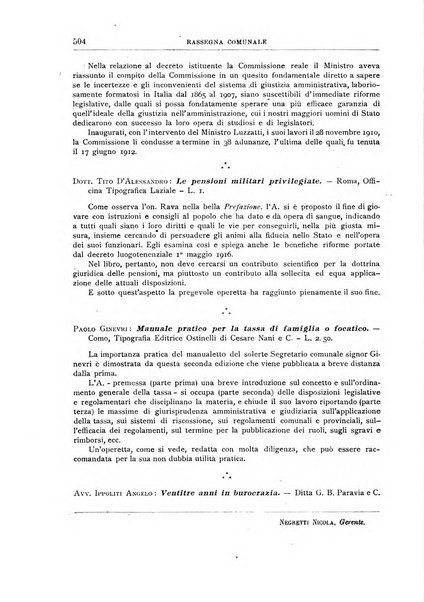 Rassegna comunale studi, legislazione, giurisprudenza, cronache con speciale riguardo ai poteri doi polizia ed ai servizi pubblici