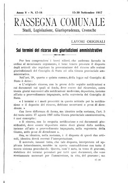 Rassegna comunale studi, legislazione, giurisprudenza, cronache con speciale riguardo ai poteri doi polizia ed ai servizi pubblici