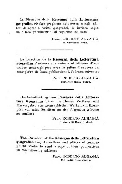 Rassegna della letteratura geografica pubblicata ogni bimestre come supplemento alla Rivista geografica italiana dal prof. Roberto Almagia