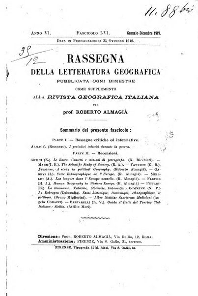 Rassegna della letteratura geografica pubblicata ogni bimestre come supplemento alla Rivista geografica italiana dal prof. Roberto Almagia