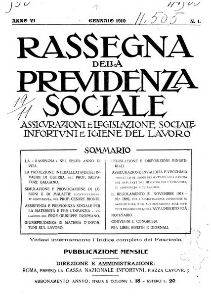 Rassegna della previdenza sociale assicurazioni e legislazione sociale, infortuni e igiene del lavoro