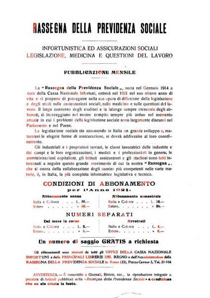 Rassegna della previdenza sociale assicurazioni e legislazione sociale, infortuni e igiene del lavoro