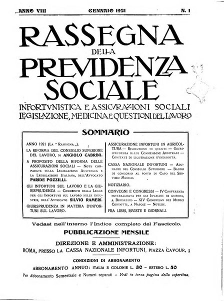 Rassegna della previdenza sociale assicurazioni e legislazione sociale, infortuni e igiene del lavoro