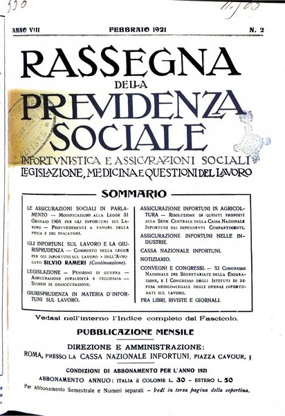 Rassegna della previdenza sociale assicurazioni e legislazione sociale, infortuni e igiene del lavoro