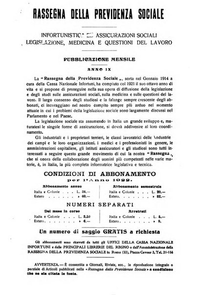 Rassegna della previdenza sociale assicurazioni e legislazione sociale, infortuni e igiene del lavoro